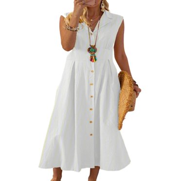 Women Casual V Neck Sleeveless Button Down Dress Summer A-Line Swing Tank Midi Dresses S-3XL