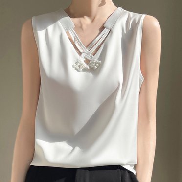Reduced Price,Fashion Tank Top, Casual Solid Color, Loose Fit, Comfortable Sleeveless, V-Neck, Women's, Everyday Wear, Breathable Material, Versatile Style Fun and Flirty|100%Polyester,White