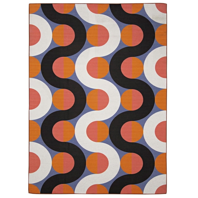 Tapis d'Extérieur Lavable Jupiter Orange et Rose 5 Pieds x 7 Pieds avec Motif Géométrique de Rayures Verticales Ondulées Noires et Blanches sur Fond Bleu Présentant des Formes Demi-Cercle Orange et Rose, Poil Plat avec Endos Antidérapant, Résistant aux UV et à la Décoloration, Lavable à la machine, et Convient aux Zones à Fort Passage Intérieur et Extérieur.
