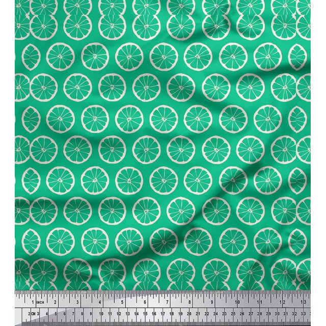 Soimoi Green Silk Fabric Lemon Slice Block Print Fabric by the Yard 42 Inch Wide