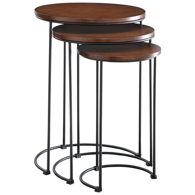 Carolina Classics Evan Ensemble de tables d'Appoint Gigognes 3 Pcs en Châtaignier, Comprenant Trois tables Rondes avec des Dessus en MDF Teints de Châtaigne et des Cadres en Métal Enduit de Poudre Noir. les tables s'Emboîtent avec des bases Semi-Circulaires pour une Fonctionnalité Gain de Place. les Dimensions Incluent une Grande Table à 17,5 Pouces Ronde par 25 Pouces de Hauteur, une Table Moyenne à 16 Pouces Ronde par 22,75 Pouces de Hauteur, et une Petite Table à 12,5 Pouces Ronde par 20