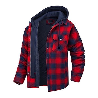 RKSTN Mens Flannel Shirt Jacket with Quilted Lined Long Sleeve Plaid Coat Winter Button Down Hooded Thick Outwear Winter with Pockets