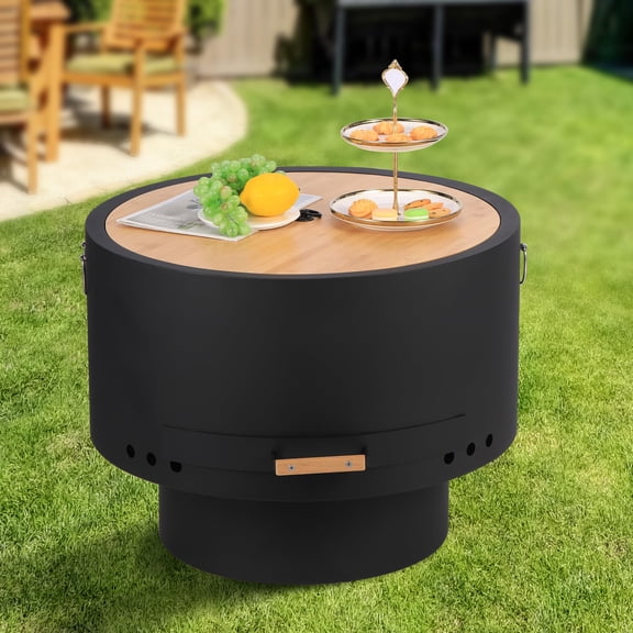 26 Inch 2-in-1 Smokeless Wood Burning Fire Pit, Portable Carbon Steel Firepit with Fire Poker, Removable Ash Pan and Bamboo Lid for Backyard, Camping and Picnic