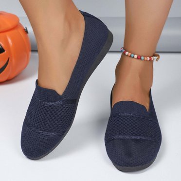 Gspmoly Chaussures Plates pour Femmes Habillées pour le Travail, Chaussures Décontractées à la Mode Polyvalentes en Tricot Respirant pour le Printemps et l'Été, Nouvelles Chaussures à Bout Plat, Ballerines Habillées pour Femmes Bleu Foncé 39