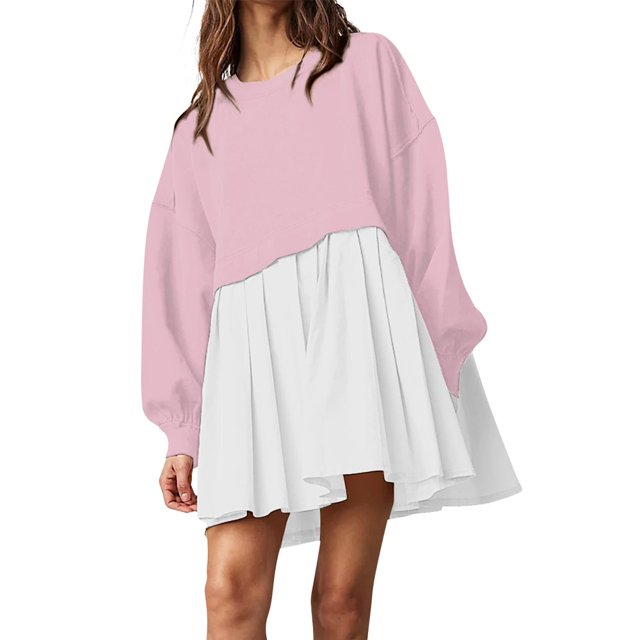 Womens Oversized Sweatshirt Dress Long Flowy Patchwork Pullover Tops Cute Drop Shoulder Sweatshirts Fall Long Sleeve Mini Dress Teen Girls Crewneck Solid Tunic Pleated Loose Clothing Beig