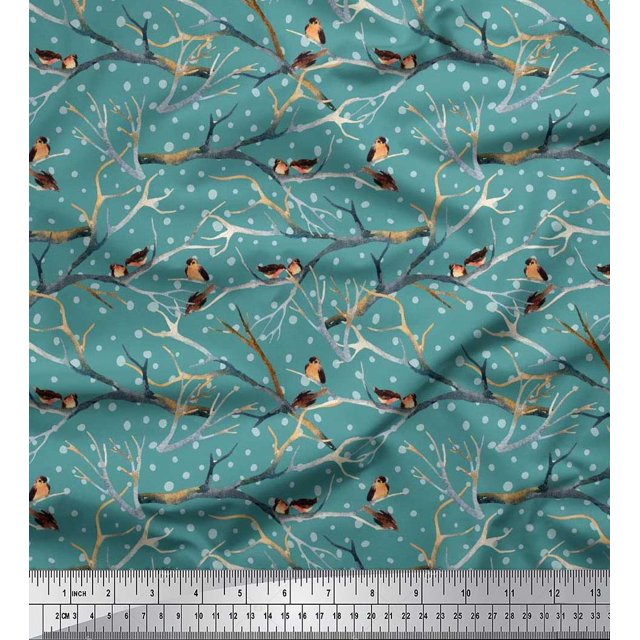Soimoi Blue Rayon Fabric Branch,Dot & American Robin Bird Print Sewing Fabric BTY 56 Inch Wide