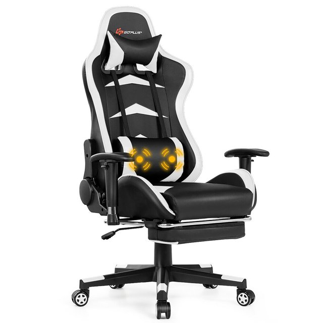 Costway Chaise de Jeu de Massage Inclinable Pivotante de Course Chaise de Bureau avec Repose-Pieds Blanc