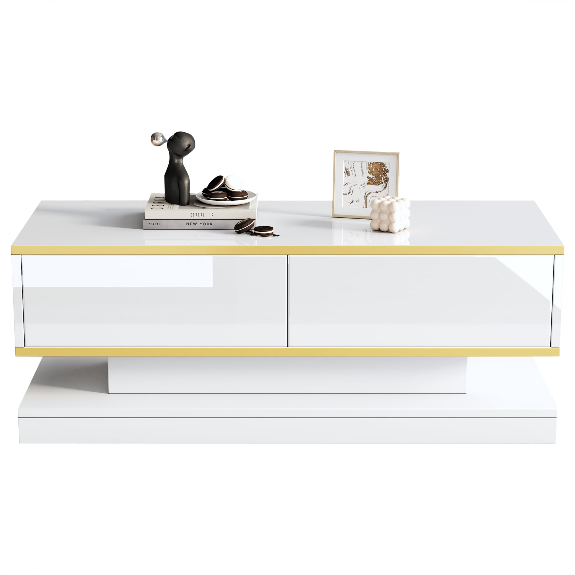 Table basse Noble House 100 cm, fini lustré, bordure dorée, 2 tiroirs, blanche