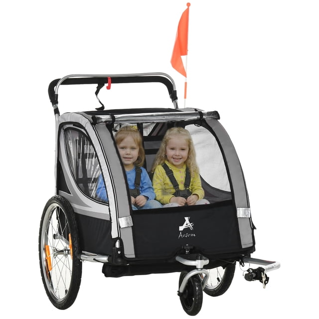 Aosom Remorque pour Vélo d'Enfant avec Rangement, Harnais à 5 Points, Poussette pour Bébé Gris
