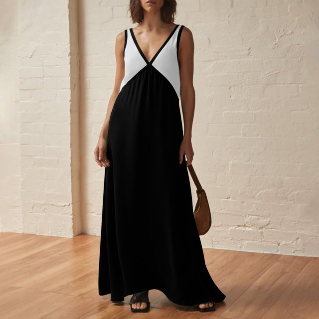 TACILIP Robes pour Femmes, Robe Unie à Col en V Sans Manches à Blocs de Couleur pour Femmes, Cadeaux pour Femmes