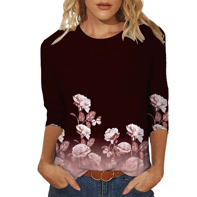 Pompotops Mode Femme T-shirt Imprimé Mi-Longueur Manches 3/4 Blouse Col Rond Hauts Décontractés Liquidation