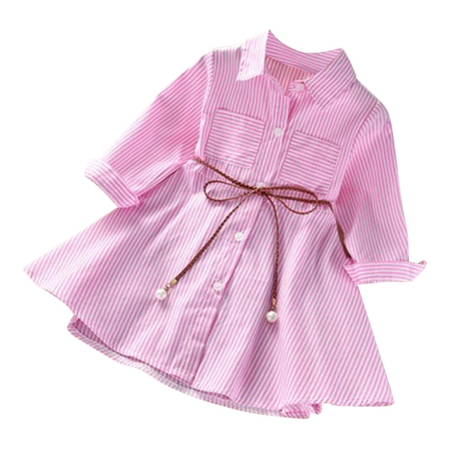 Bwiyojiz Tailles Mode 90-140 Robe à Manches Longues à Col Rond Coton 3-10 Ans Robe à Col Rayé pour Enfants et Filles avec Boutons, Poche, Cordon à la Taille, Col Rond, 110, Cadeaux pour la Maison