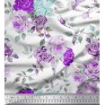 thumbnail image 1 of Soimoi Purple Polyester Crepe Fabric Leaves & Rose Flower Decor Fabric Printed BTY 42 Inch Wide, 1 of 3