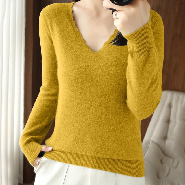 EGNMCR Chandail à Col Rond Mode Femme Décontracté Col Semi-Montant Couleur Unie Ample Base Tricoté Chandail Femme Blouse Polyester