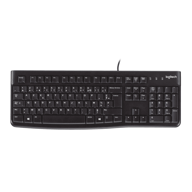 Logitech K120 Keyboard (French) Black wired USB keyboard with low-profile keys, full-size F-keys, number pad, and French AZERTY layout, featuring a slim, spill-resistant design for quiet, comfortable typing on desktops and laptops.