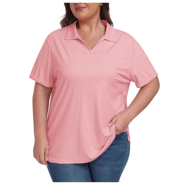 Timegard Hauts pour Femmes Grande Taille Col à Revers Col en V Manches Courtes T-Shirts Basiques Confortables Hauts Décontractés Amples