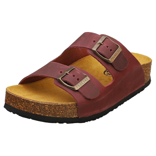Plakton Malaga Mid Womens Walking Sandals in Burgundy featuring a leather upper with dual adjustable buckle straps, a suede insole, and a durable rubber sole. The sandals showcase a cork-textured midsole and Plakton branding, designed for comfort and style.