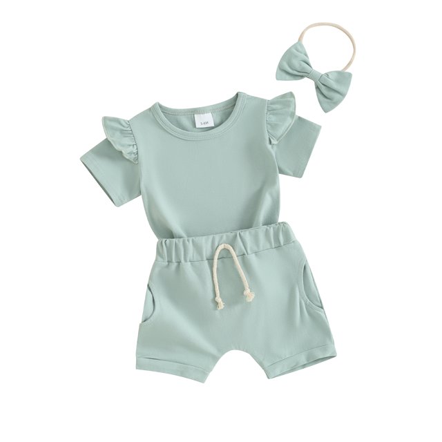 Honganda 0-3Y Toddler Girls Summer Shorts Sets Short Sleeve Ruffle Tops Shorts Headband Sets