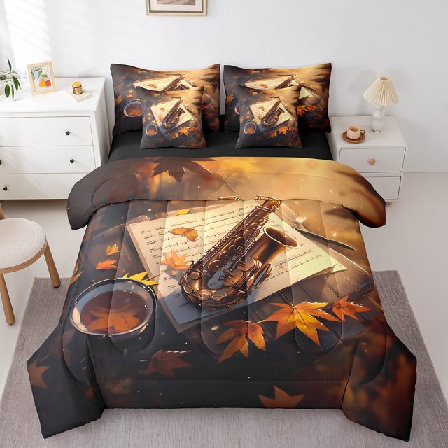 Queen Saxophone Comforter Sets 7-Piece,Retro Jazz Music Bedding Set with Sheets Bed in a Bag,Musical Notes Bed Sheets Set,Maple Fall Leaves Down Comforter with 2 Throw Pillow Covers
