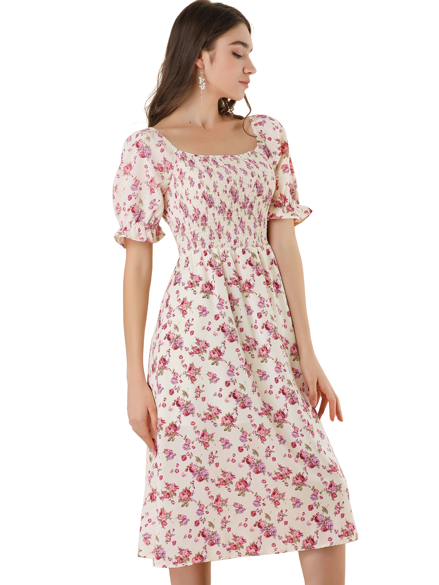 INSPIRE CHIC Robe pour Femme Smockée à Fleurs à Encolure Carrée Manches Courtes Bouffantes Printemps Été Robes Midi Beige TG