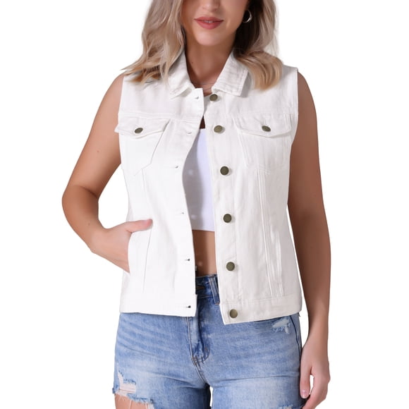 INSPIRE CHIC Women's Denim Vest Button Down Washed Distressed Sleeveless Jean Jacket with Pockets White XL