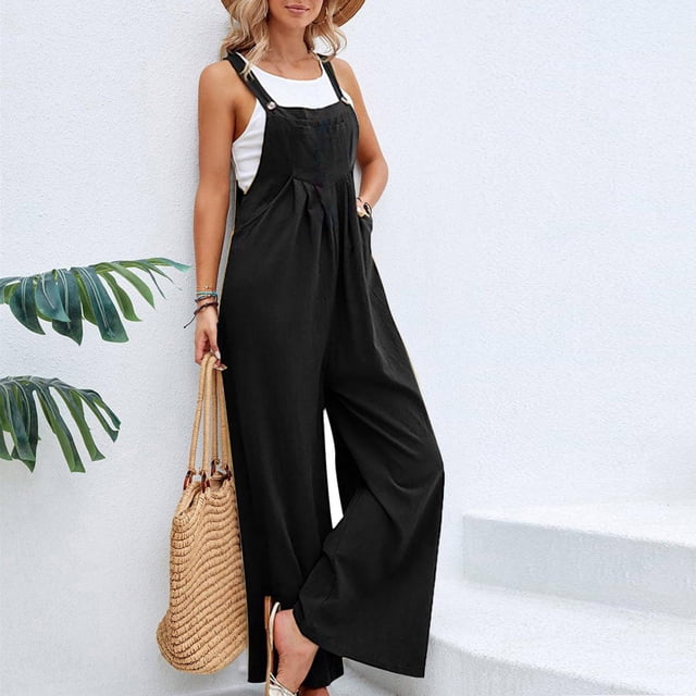 TIMIFIS Womens Baggy Jumpsuits Solid Color Wide Leg Overalls Fashion Casual Loose Cute Rompers Pants with Pockets
