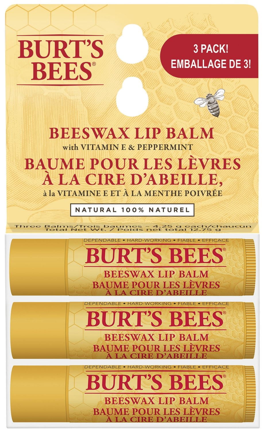Burt’s Bees 100% Natural Origin Moisturizing Lip Balm, Original Beeswax with Vitamin E and Peppermint Oil 3 pack