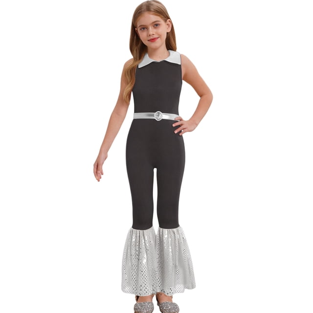 Hansber Combinaisons de Danse Disco Sans Manches à Sequins pour Filles Enfants Col Rabattu Fermeture Éclair Noir&Argent 12