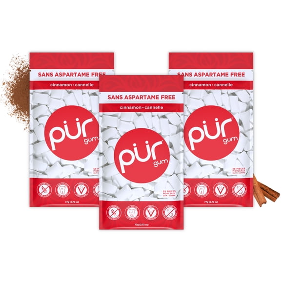 PUR Gum, Cinnamon, Aspartame Free, 100% Xylitol, Sugar Free Chewing Gum, 55 Pieces, Pack of 3
