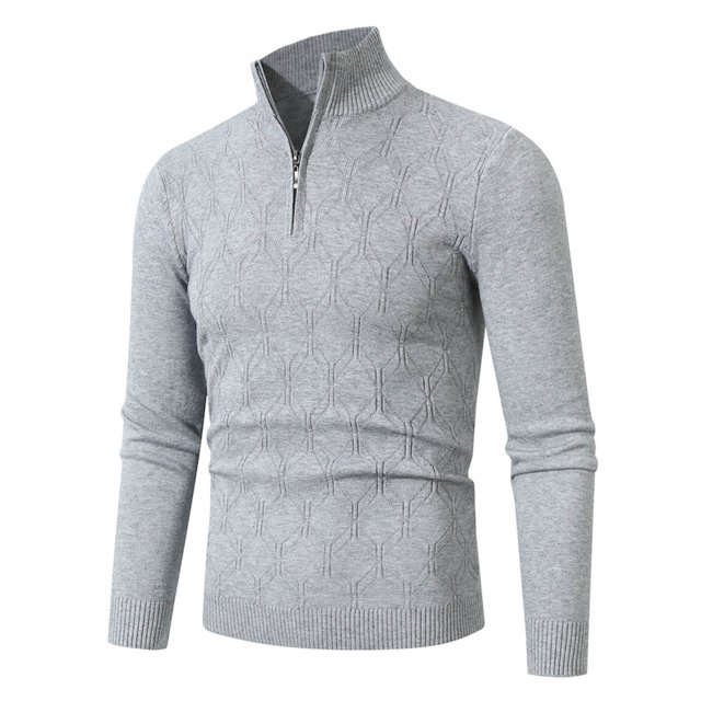 Rbaofujie Chandail à Col Rond pour Hommes Mode Hommes Couleur Unie Demi-Fermeture Éclair Tricoté Col Montant Chandail Décontracté Gris Chandail à Capuchon Lesté
