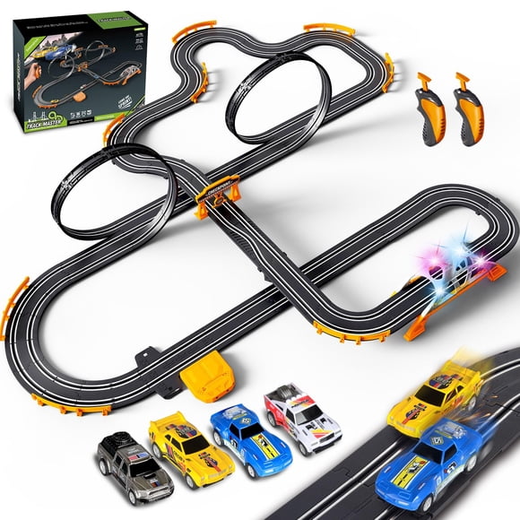 Slot Car Race Track for Kids with 4 Slot Cars, Dual Racing Electric Car Tracks Game Featuring Flash Bridge and Pendulum Toys Gifts for Boys Girls Age