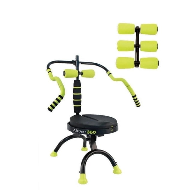 AB DOER 360 Ab Machine Workout Equipment for Full Body Exercise, featuring a compact and ergonomic design with a fluidity seat, core support column, and six-pack back roller. The machine includes resistance bands with ankle cuffs and hand grips, designed for home use to target the core, activate muscles, and provide a full-body workout. The bright yellow and black accents highlight its innovative Abdobics technology for fat burning and muscle activation. Compact and foldable for easy storage.