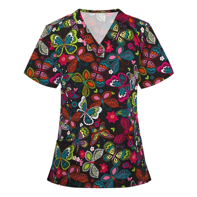 Blouses à Manches Courtes pour Femmes Mode Femme Manches Courtes Col en V Blouse Imprimée Chandail Décontracté Poches Hauts Femmes Manches Courtes Hauts pour Femmes Blouses Manches Courtes pour Femmes