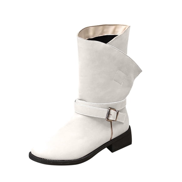 Lovzfmll Wide Calf Boots for Women, Plus Size Cowboy Riding Low Heel, Block Heel Round Toe Booties Belt Buckle Casual White Boots
