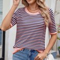 thumbnail image 4 of Pisexur Hauts de Printemps pour Femmes 2025, Hauts d'Entraînement pour Femmes, Hauts pour Dames Blouses à Manches Courtes Rayées Col Rond Mode Décontractée Rose, TG, 4 of 8
