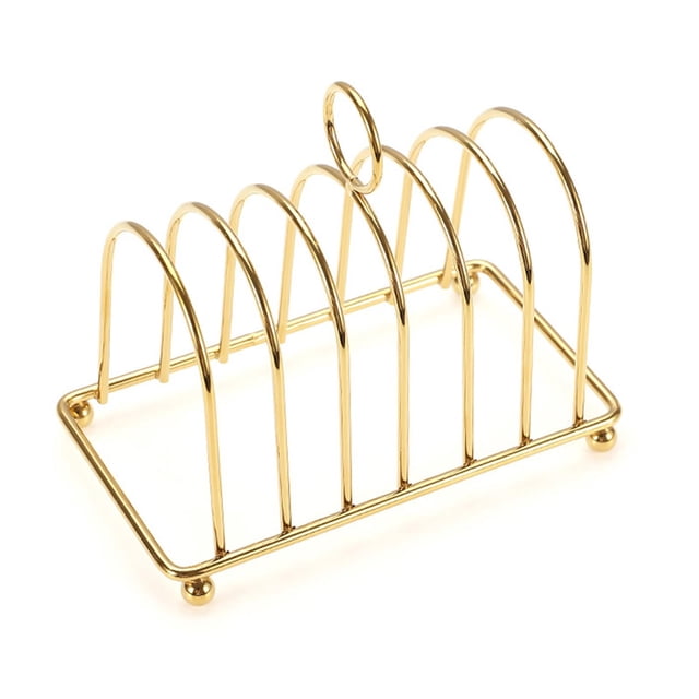 simhoa Bread Loaf Stand Bookshelf Durable Storage Rack Bread Stand Toast Rack Holder in gold. Made of iron plating, this rack features a smooth surface and separate compartments for easy access and organization. Ideal for bakeries, cake shops, or home use, it measures 14.5cm x 7.8cm x 8cm and is easy to clean and maintain.