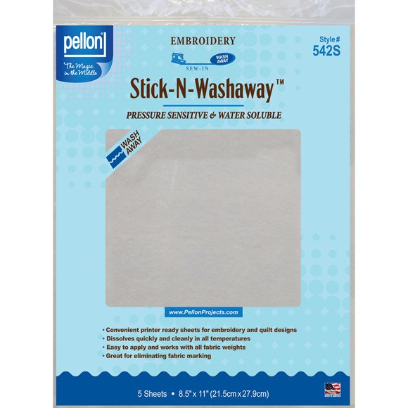 Pellon Stick-N-Washaway Embroidery Stabilizer 5/Pkg-White 8.5"X11" - 542S