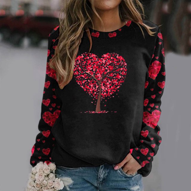Qertyioot T-Shirt Graphique pour Femmes de la Saint-Valentin à Manches Longues, Blouse Ample Imprimée Mode à Col Rond, Hauts Décontractés