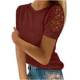 thumbnail image 1 of Femmes Dames Uni Manches Courtes Col Rond Chandail en Dentelle Hauts Chemises Blouse, 1 of 5