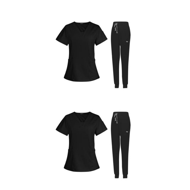 maskred Women s Scrub Set Nurse V-Neckline Machine Washable Short Sleeves Comfortable Suit Black L 2Set