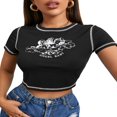 thumbnail image 1 of Women Angel Print T-Shirts Short Sleeve  Neck Contrast Stitch Crop Tops, 1 of 7