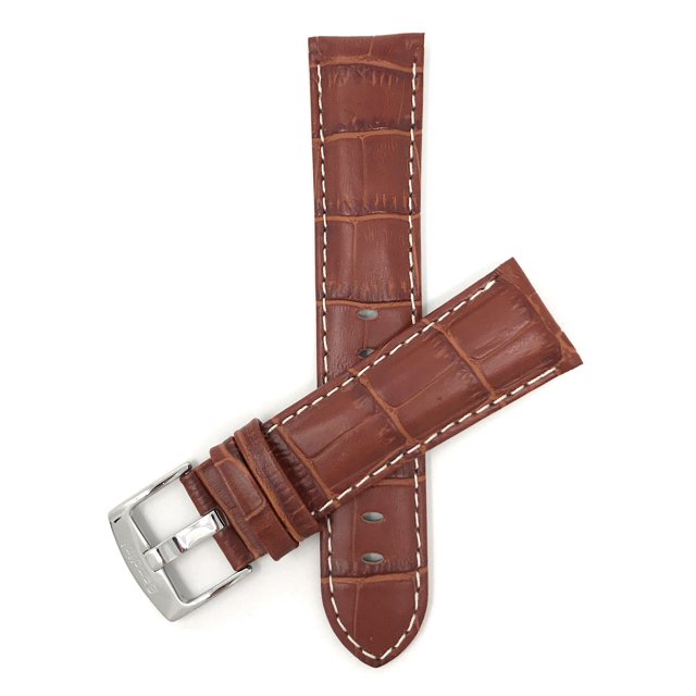 24mm Mens' Alligator Style Leather Watch Strap Band, White Stitching, Stainless Steel Buckle