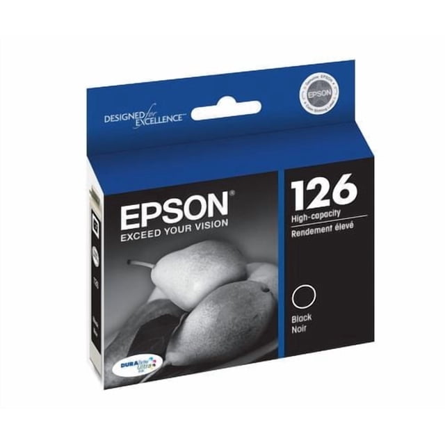 Epson 126 High-Capacity Black Ink Cartridge box in blue and black, featuring Epson branding and product number 126, designed for Epson printers to produce smudge, water, and fade-resistant prints on plain and glossy paper.
