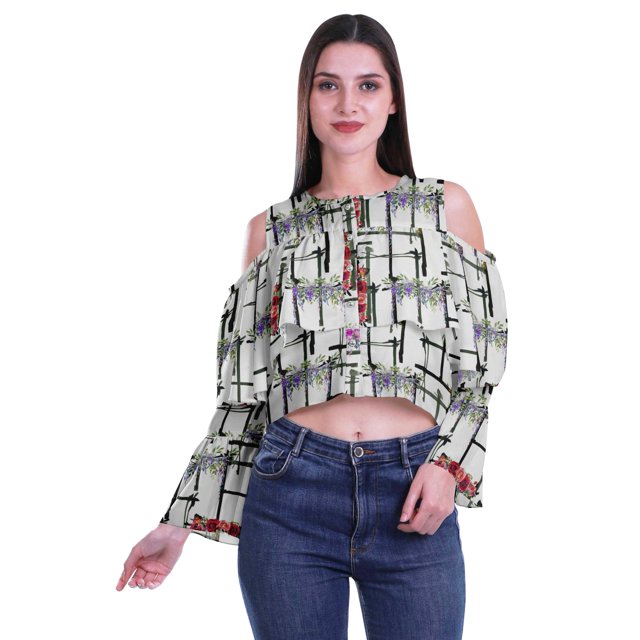 Moomaya Plus Size Cold Shoulder Top Printed Ladies Tops Blouses Women Party Tops