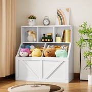 Toy Storage Cabinet, Two-Tier Kids Bookshelf and Bookcase for Storage Books and Toys, Multi Shelf with Cubby Cabinet for Rooms, Playroom, Bedroom, Nursery, Daycare, Living Room, White