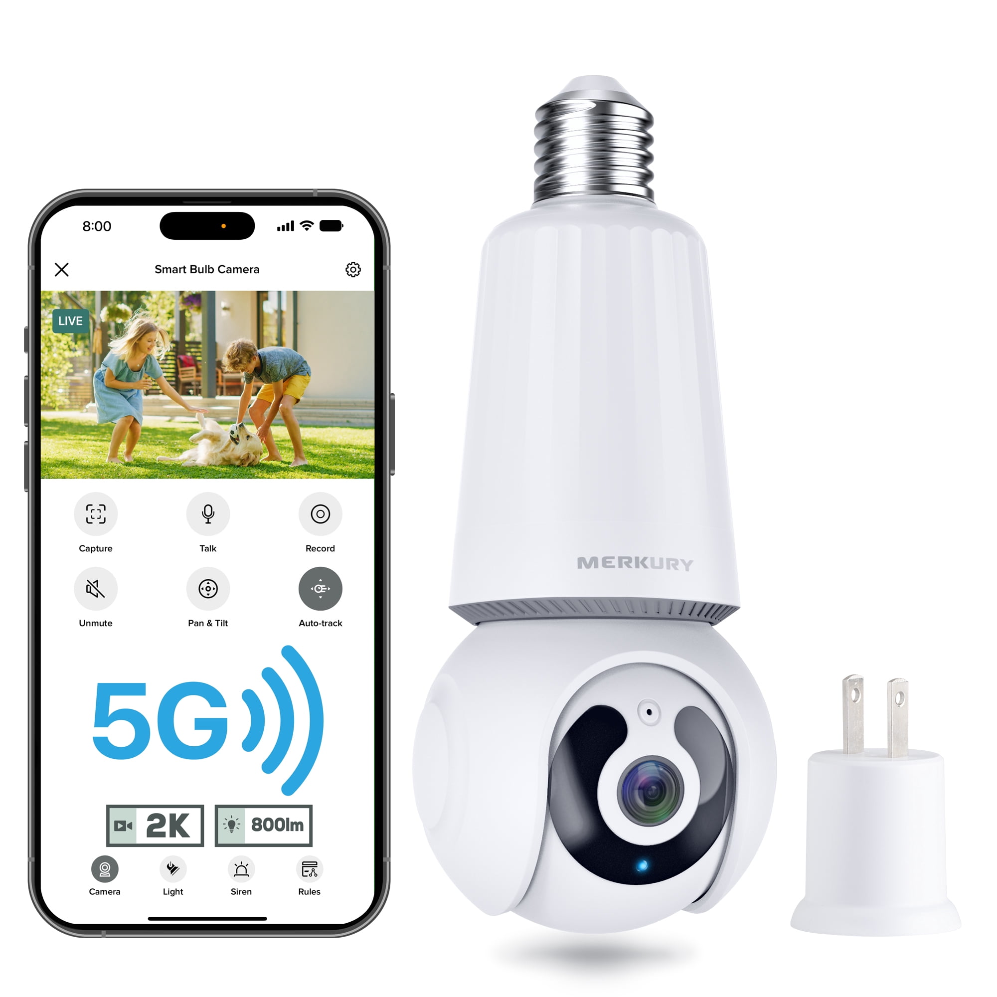 Caméra de sécurité Merkury Smart 2K intégrée à une ampoule, rotation et inclinaison à 360°, vidéo HD 4 MP, vision nocturne, alertes de mouvement