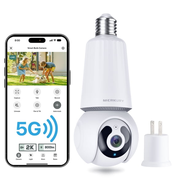 Merkury Smart 2K Light Bulb Security Camera, 360˚ Pan Tilt, 4MP HD Video, Night Vision, Motion Alerts