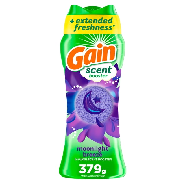 Gain In-Wash Laundry Scent Booster Moonlight Breeze Scent in a 379 g green bottle with a yellow extended freshness label, purple floral design, and crescent moon and star graphic, providing long-lasting laundry scent and odour protection.