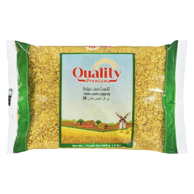 Quality Yellow Bulgur Coarse in a clear plastic bag with green side panels, showing yellow coarse bulgur grains made from whole durum wheat inside. The front label features the Quality Premium logo with a sun graphic, text in English, French, and Arabic stating 'Yellow Coarse Bulgur #3', and a rural scene with a windmill and houses. The net weight is 908 g (2 lb). This precooked whole grain is known for its chewy texture and nutty flavor, suitable for soups, stews, and pilafs.