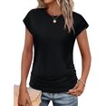 thumbnail image 3 of T-shirts d'Été pour Femmes Froncés à Manches Courtes Style Cap, T-Shirts à Col Rond, Mode, Noir, G, 3 of 8